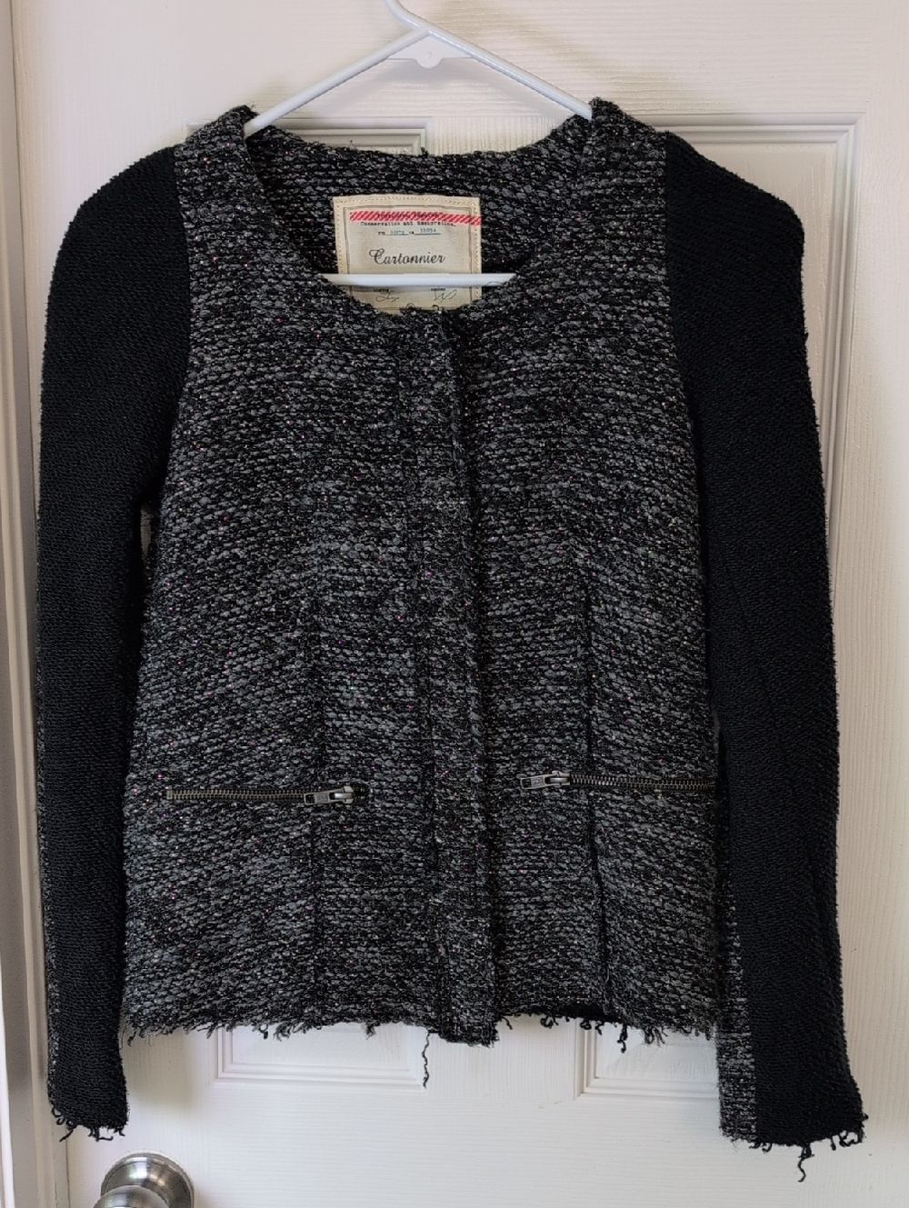 Anthropologie Cartonnier Black & Gray Tweed Snap Front Sweater Jacket